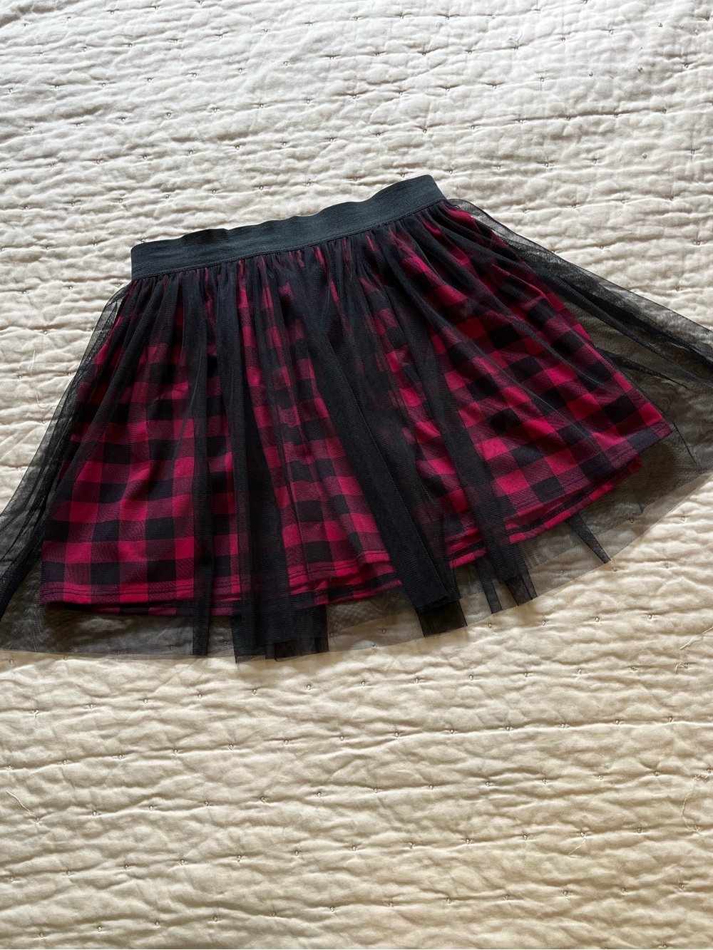 See You Monday Black Tulle Overlay Red Plaid Skater Skirt